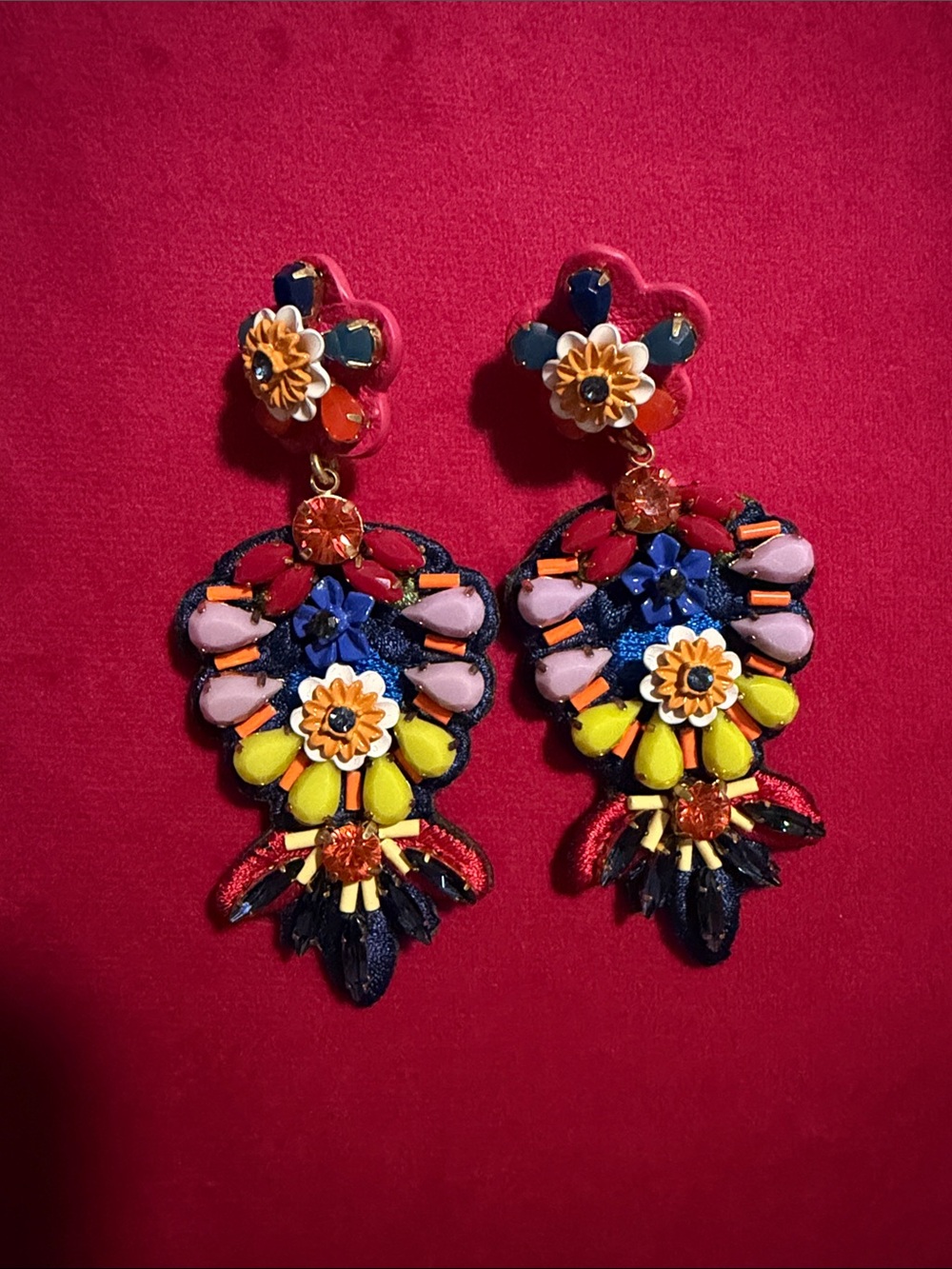 J. Crew Multicolor Floral Drop Earrings - Pink, Blue, Yellow & Orange